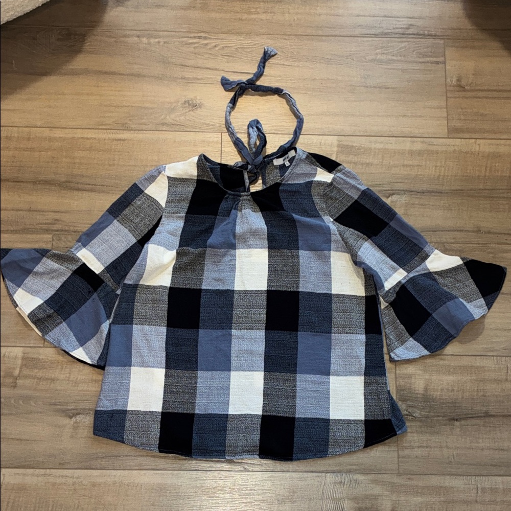 RO & DE Plaid Bell Sleeve Top with Keyhole Tie Back Size L